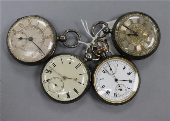 Four assorted pocket watches including three engine turned silver pocket watches.